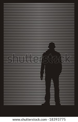 Silhouette of the man on an abstract background. A black silhouette young men. The abstract background reminds the closed jalousie.