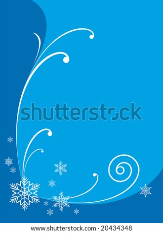 The winter ornament consists of snowflakes and spirals. In the ornament centre there is a big snowflake. The ornament is located on a dark blue background.