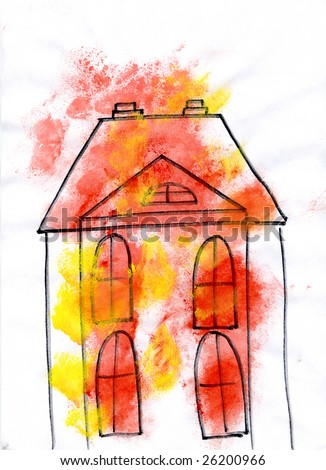 House drawing on a white background. At the house four big windows. In drawing colour stains from a paint.