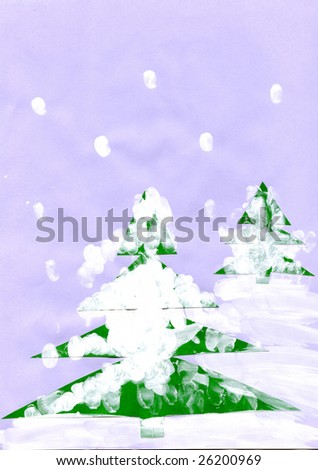 Vertical composition with two fur-trees. They stand in snow. From the sky snow falls.