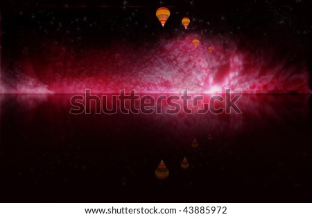 night sky bright red with stars and colorful hot air balloons reflected in the water