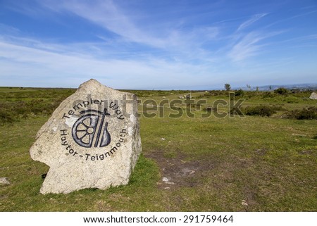 Haytor, Devon, UK JUNE 22 2015 - Showing templer way logo on a rock and the Haytor granite railway which runs from Haytor to Teignmouth Devon
