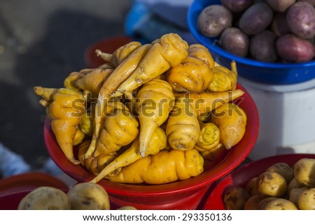 Mashua is a staple vegetable grown in South America, on a market stall in Ecuador