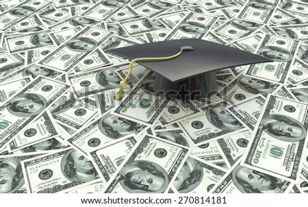 Mini graduation cap on US money -- education costs