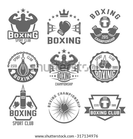Boxing club set of vector monochrome labels, badges, emblems and logos isolated on white background, boxing championship emblems