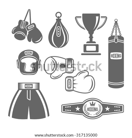 Set of boxing equipment vector monochrome design elements isolated on white background, mix martial arts icons