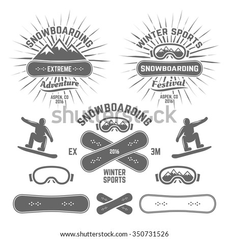 Snowboarding extreme winter sports set of monochrome vector labels, emblems, logos templates and design elements isolated on white background