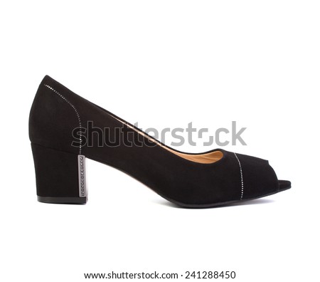 Female black suede shoes isolated on white background