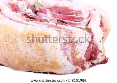 Raw bacon with layers of meat isolated on white background