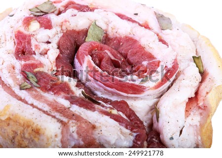 Raw bacon with layers of meat isolated on white background