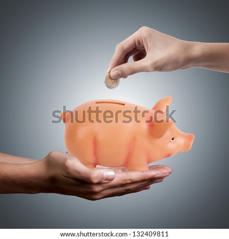 hands saving money in piggy bank pig