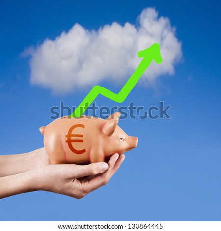 hands with piggy bank with euro symbol and arrow pointing up growth