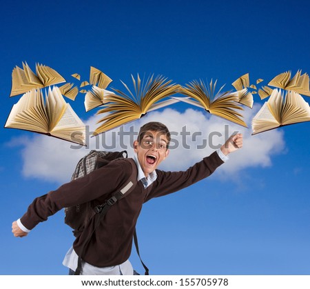 boy running to school with flying books