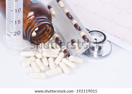 tablets and medicines with hospital objects, lifestyle