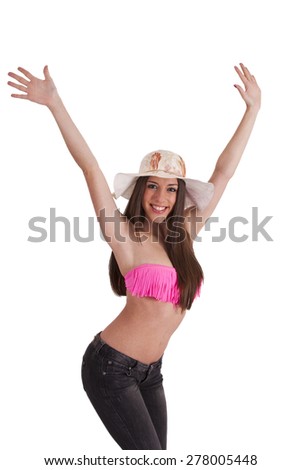 Girl in bikini and jeans jumping
