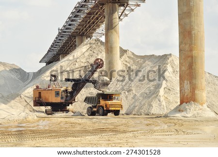 Mining and quarrying. Loading of sand on big dump-body truck