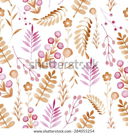 seamless pattern consisting of plants and flowers, pink shades, watercolor