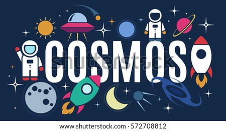Vector flat cosmos design background with text. Cute template with Astronaut, Spaceship, Rocket, Moon, Black Hole, Stars in Outer space