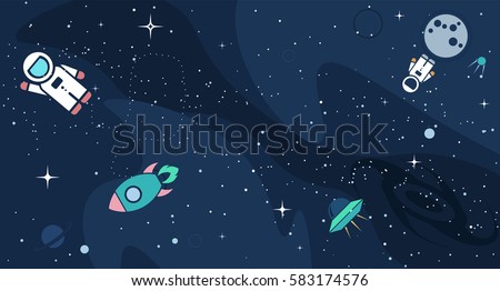 Vector flat cosmos design background. Cute template with Astronaut, Spaceship, Rocket, Moon, Black Hole, Stars in Outer space