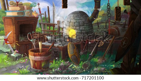 Medieval BlackSmith\'s Shop. Video Game\'s Digital CG Artwork, Colorful Concept Illustration, Realistic Cartoon Style Background