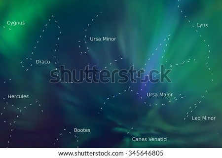 Constellations (Ursa Major, Ursa Minor, Lynx, Leo Minor, Canes Venatici, Draco, Hercules) over the Aurora Borealis background