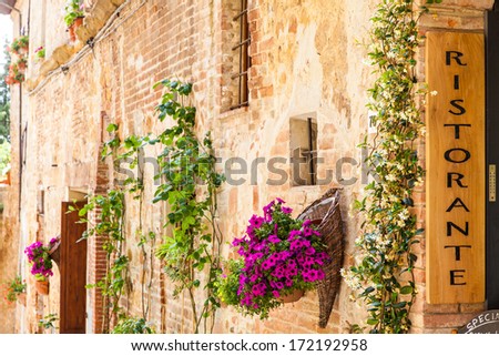 Tuscany, Italy. Sightseeing Of Italian Restaurant In Traditional Small Village In Val Orcia