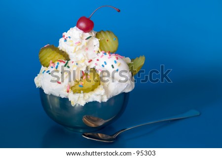 stock photo : Pickles and ice cream sundae