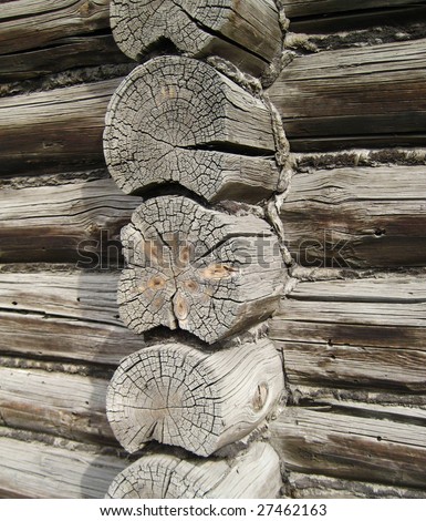 Fragment of old country colorless wooden house wall