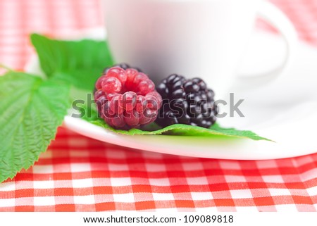 cup of tea,raspberry and  blackberry with leaves on plaid fabric