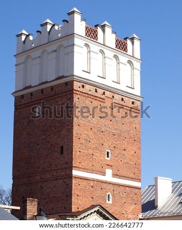 Sandomierz, Poland - March 30: Old brick tower in old city centre on March 30, 2014 in Sandomierz, Poland