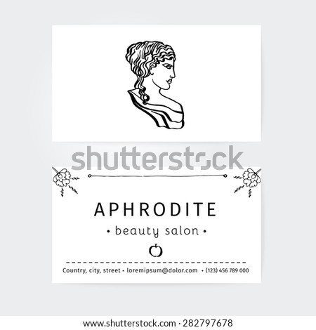 vector design of business cards for beauty salon, hairdressers or plastic surgery with icon Aphrodite, ancient goddess of love