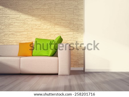 Modern interior of living room with beige sofa. 3D rendering