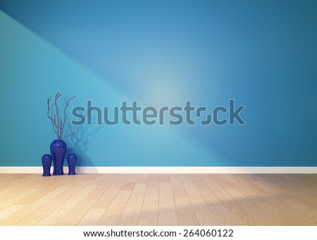 empty interior with a blue wall and vase. 3D rendering