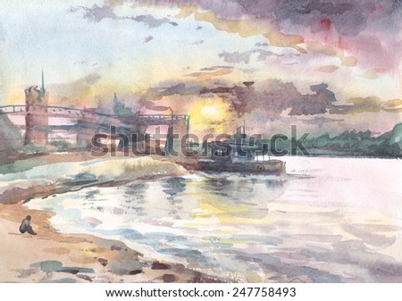 The scenery. The Marina. A sunset. People sitting on the banks of the river. Watercolor. Painting