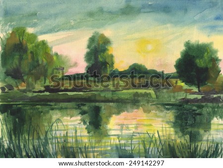 The scenery. Sunset on the river. Trees reflecting in the water. Watercolor. Painting