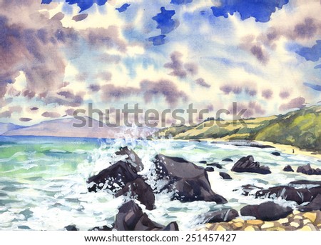 The scenery. Sea surf. The waves beat against the rocks on the shore. Storm. The paintings. Watercolor