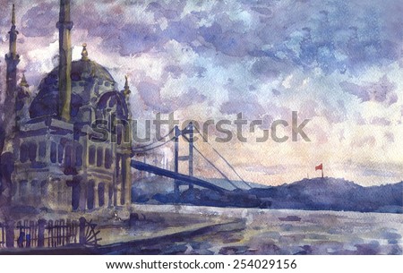 Istanbul. Bosporus bridge. The paintings. Watercolor