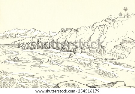Seascape. Waves and rocks. Figure. graphics