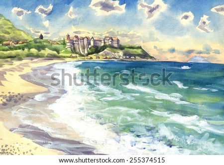 Medieval Fortress on the beach. Painting. watercolor