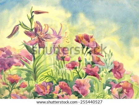 Flowers. Lilies. Painting. watercolor