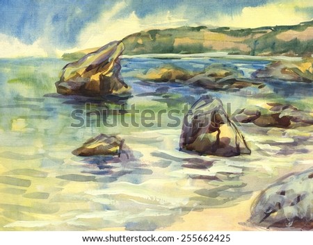 Reefs off the coast of the sea. Landscape. Painting. Watercolor