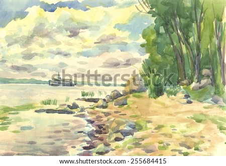 Summer landscape with river and boat. Painting. Watercolor