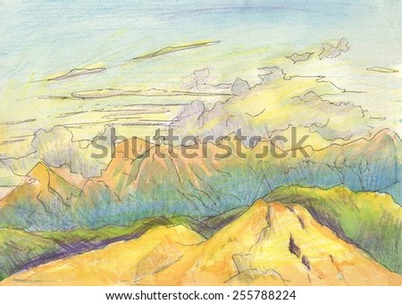 Mountain peak in the clouds. Graphics. Drawing