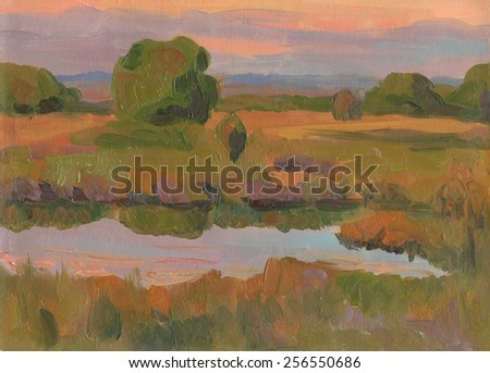 The scenery. Sunset on the river. Oil painting