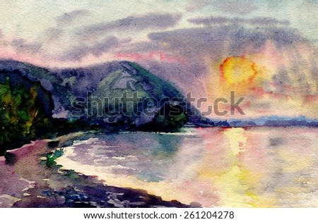 Landscape with sunset. Painting. Watercolor