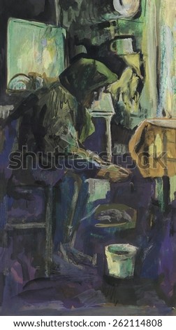 A woman in the kitchen peeling potatoes. Oil painting