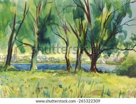 Landscape with trees by the river. Painting. Watercolor