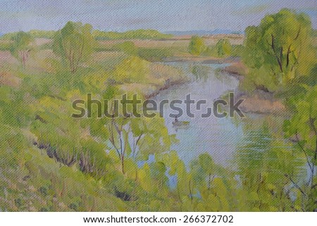 Oil landscape painting shows a man floating in a boat down the river on a summer afternoon