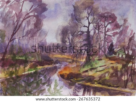 Autumn landscape with trees on the river Bank. Painting. Watercolor