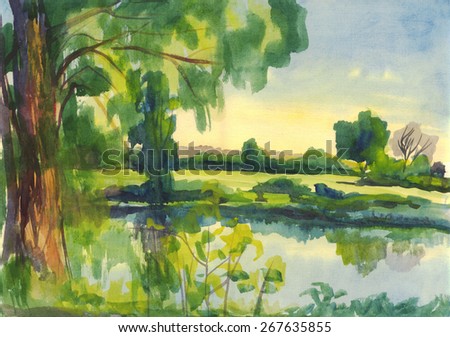 Summer landscape. The big tree on the river Bank. Painting. Watercolor
